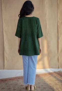 Purvi Green Dabu Slub Cotton A Line Short Top