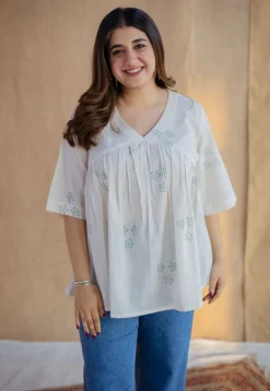 Purvi White Dabu Slub Cotton A Line Short Top