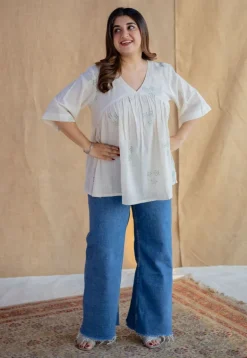 Purvi White Dabu Slub Cotton A Line Short Top