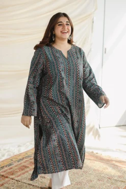 Qainat Blue Ajrakh Kali kurta