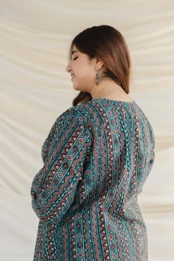 Qainat Blue Ajrakh Kali kurta