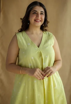 Raahi Lime Green Hand Block Print Slub Cotton A Line Kurta
