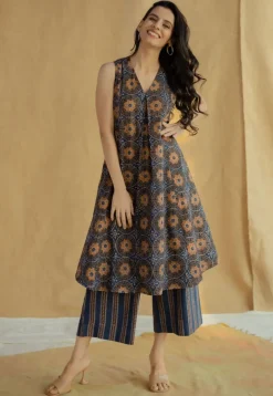 Raahi Navy Blue Ajrakh Cotton A Line Kurta
