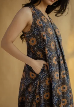 Raahi Navy Blue Ajrakh Cotton A Line Kurta