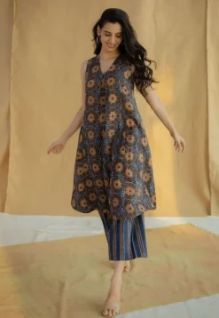Raahi Navy Blue Ajrakh Cotton A Line Kurta
