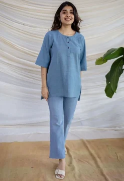 Rahie Blue Solid Organic Cotton Short Top
