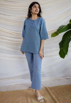 Rahie Blue Solid Organic Cotton Short Top