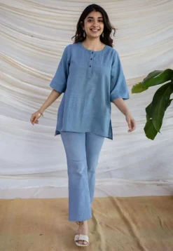 Rahie Blue Solid Organic Cotton Short Top