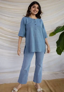 Rahie Blue Solid Organic Cotton Short Top