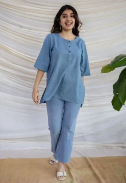 Rahie Blue Solid Organic Cotton Short Top