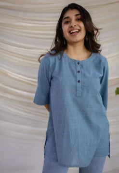 Rahie Blue Solid Organic Cotton Short Top