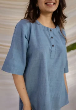 Rahie Blue Solid Organic Cotton Short Top