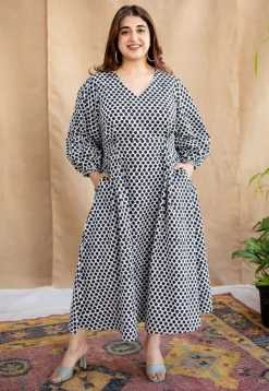 Rahima Black Hand Block Print Cotton A Line Dress