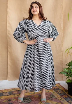 Rahima Black Hand Block Print Cotton A Line Dress