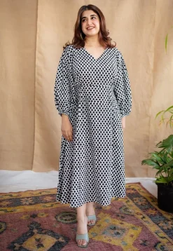 Rahima Black Hand Block Print Cotton A Line Dress