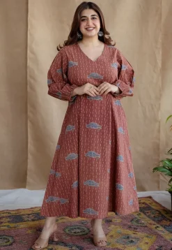 Rahima Brick Red Ajrakh Cotton A Line Dress