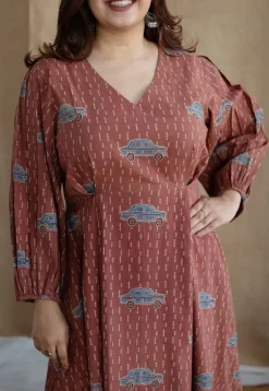 Rahima Brick Red Ajrakh Cotton A Line Dress