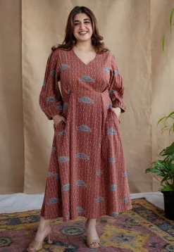 Rahima Brick Red Ajrakh Cotton A Line Dress