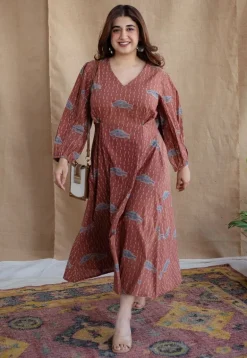 Rahima Brick Red Ajrakh Cotton A Line Dress