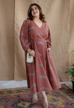 Rahima Brick Red Ajrakh Cotton A Line Dress