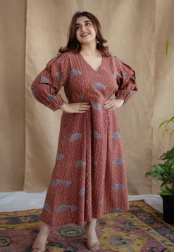 Rahima Brick Red Ajrakh Cotton A Line Dress