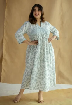 Ralia Sky Blue Hand Block Print Slub Cotton A Line Dress