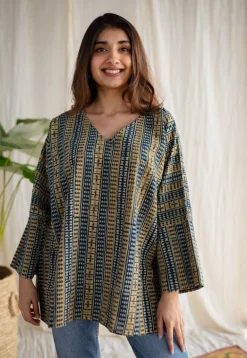 Ranim Ajrakh Cotton Hand Embroidered Top