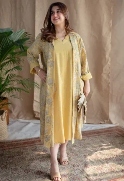 Rasia Yellow A Line Dabu Slub Cotton Jacket