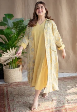 Rasia Yellow A Line Dabu Slub Cotton Jacket