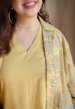 Rasia Yellow A Line Dabu Slub Cotton Jacket