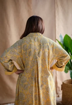 Rasia Yellow A Line Dabu Slub Cotton Jacket