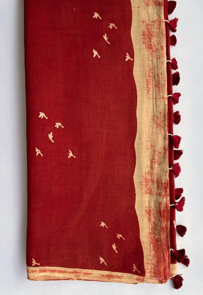 Red Ajrakh Handblock Printed MulMul Saree