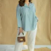 Reem Sky Blue Solid Slub Cotton Anti-Fit Short Top with Hand Embroidery