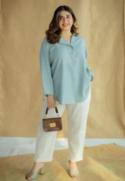 Reem Sky Blue Solid Slub Cotton Anti-Fit Short Top with Hand Embroidery