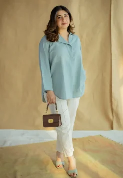 Reem Sky Blue Solid Slub Cotton Anti-Fit Short Top with Hand Embroidery