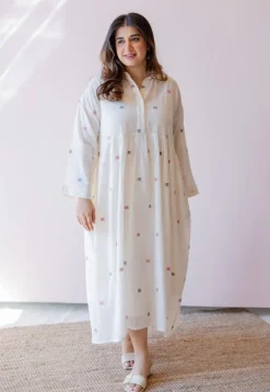 Rhea Off White Jamdani Handloom Cotton A Line Dress