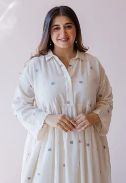 Rhea Off White Jamdani Handloom Cotton A Line Dress
