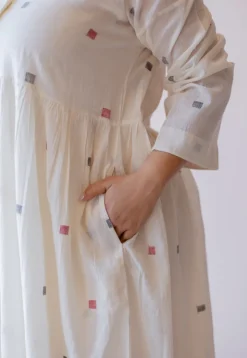 Rhea Off White Jamdani Handloom Cotton A Line Dress