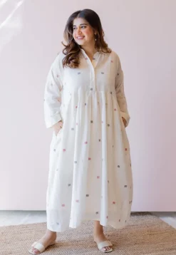 Rhea Off White Jamdani Handloom Cotton A Line Dress