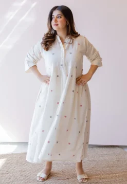 Rhea Off White Jamdani Handloom Cotton A Line Dress
