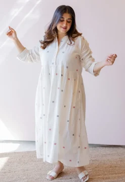 Rhea Off White Jamdani Handloom Cotton A Line Dress