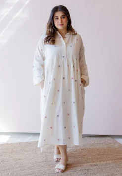 Rhea Off White Jamdani Handloom Cotton A Line Dress