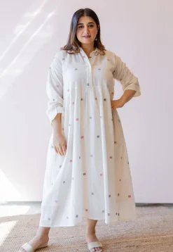 Rhea Off White Jamdani Handloom Cotton A Line Dress