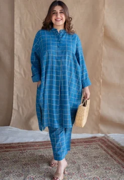 Riham Blue Loose Dabu Slub Cotton Co-ord Set (Set of 2)