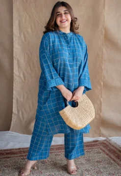 Riham Blue Loose Dabu Slub Cotton Co-ord Set (Set of 2)