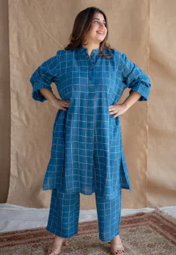 Riham Blue Loose Dabu Slub Cotton Co-ord Set (Set of 2)