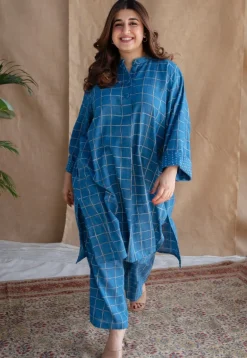 Riham Blue Loose Dabu Slub Cotton Co-ord Set (Set of 2)