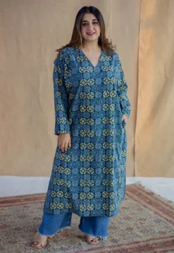 Ritika Blue Ajrakh Cotton Jhabba Kali Kurta
