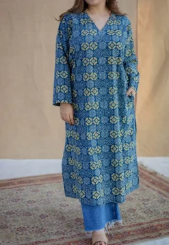 Ritika Blue Ajrakh Cotton Jhabba Kali Kurta