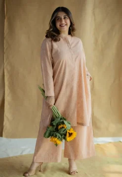 Riyah Peach Hand Block Print Slub Cotton A Line Kurta
